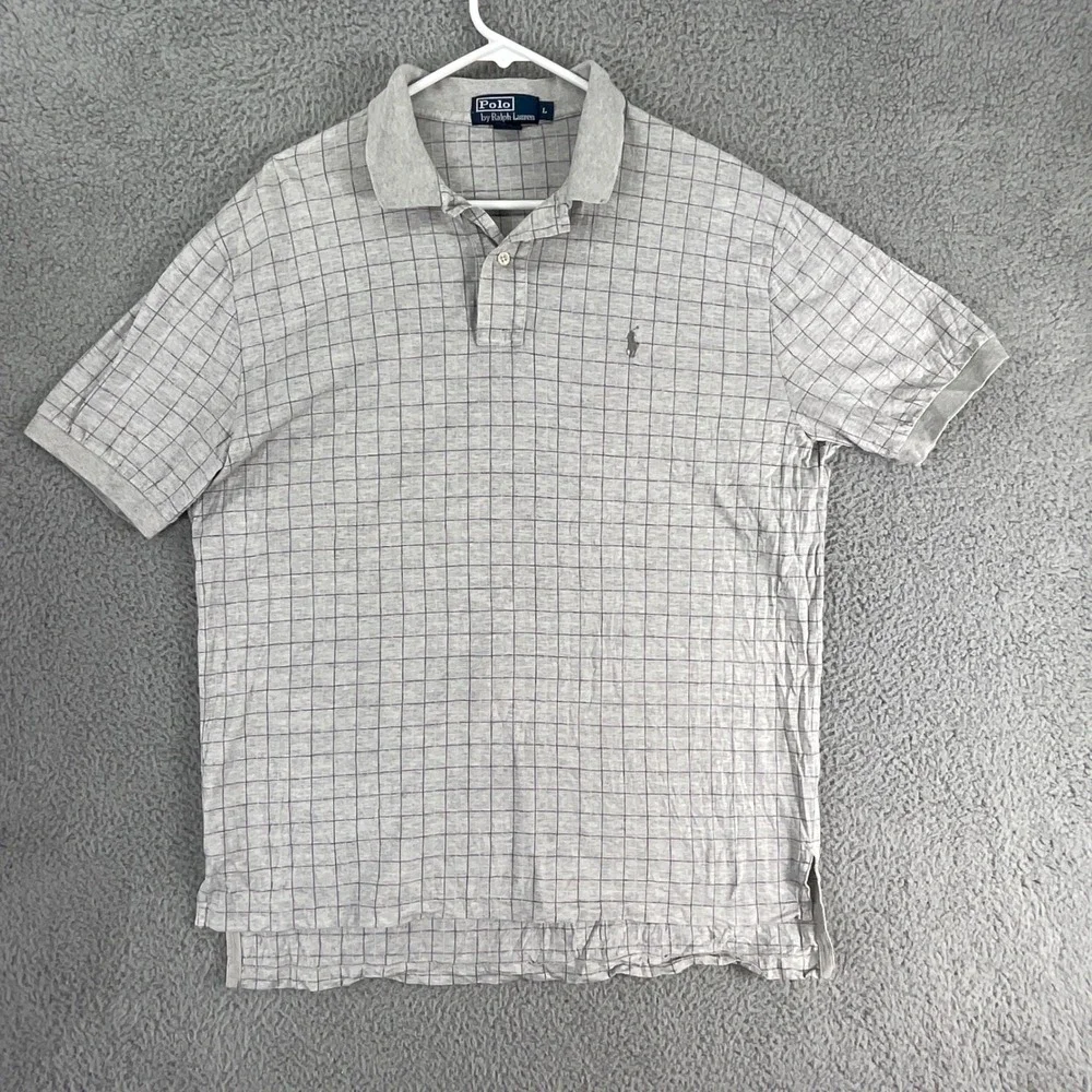 Polo‎ Ralph Lauren Polo Shirt Mens Large Gray Windowpane Check Cotton Preppy